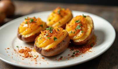 Deliciously styled baked potatoes, topped with creamy filling and garnished with herbs, perfect for menu designs, cooking blogs, or culinary advertisements.