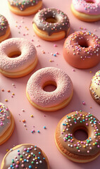 Indulge in a delightful array of colorful donuts sprinkled with joy, perfect for food promotions, cafe menus, and sweet treats advertising.