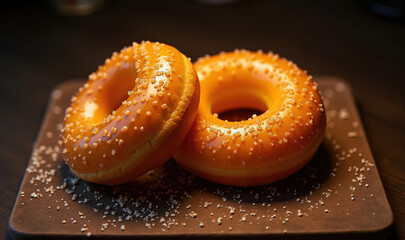 Delightful, freshly glazed donuts sprinkled with sugar, perfect for showcasing dessert options in cafes, bakeries, or advertisements.