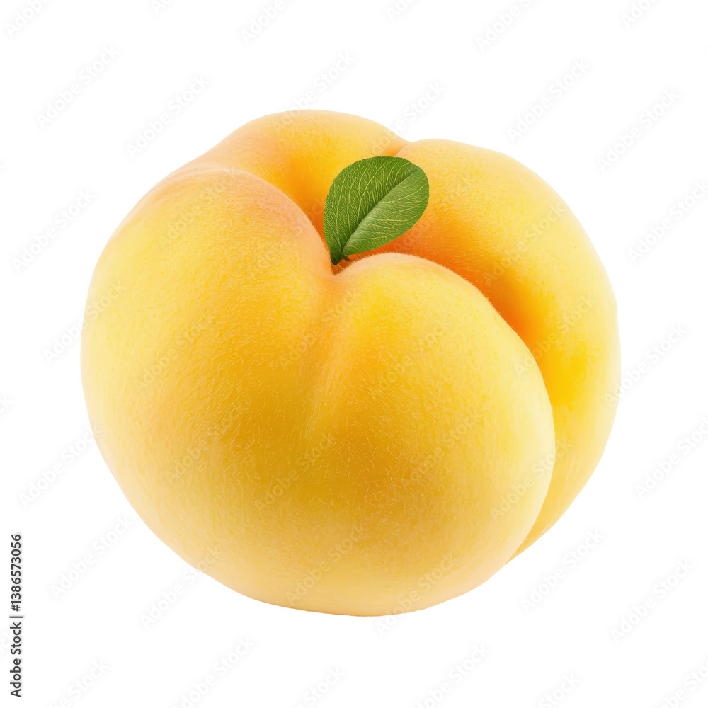 Poster two fresh peaches with a leaf on top resting on a white background showcasing their natural juicines