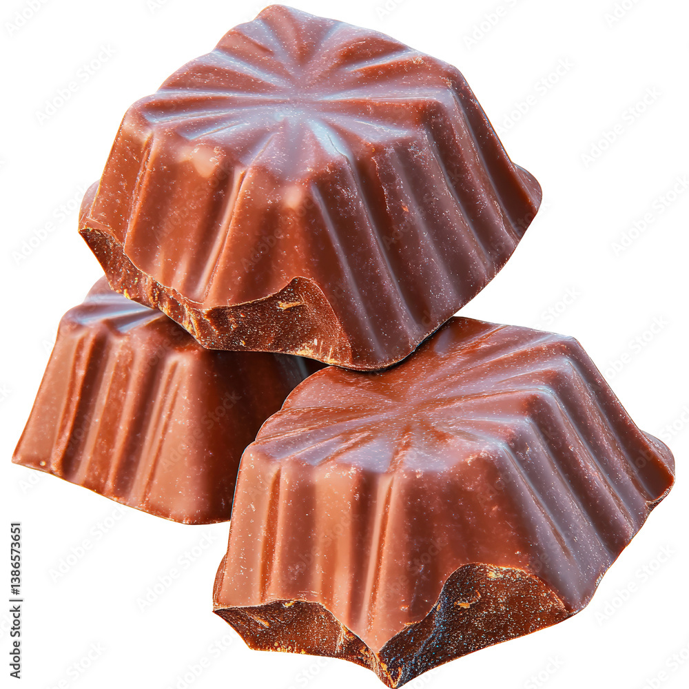 Poster three delicious pieces of chocolate arranged artfully on a simple white plate with a soft focus back