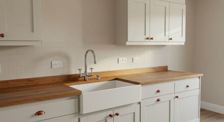 Farmhouse Kitchen with White Cabinets and Natural Wood Backsplash