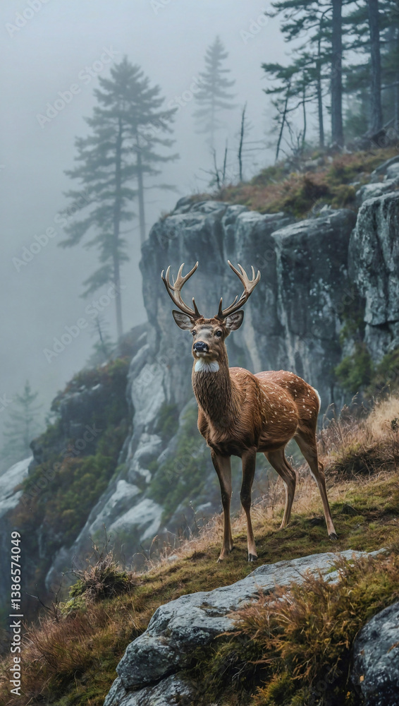 Poster deer standing on a foggy cliff edge, creating a serene atmosphere.