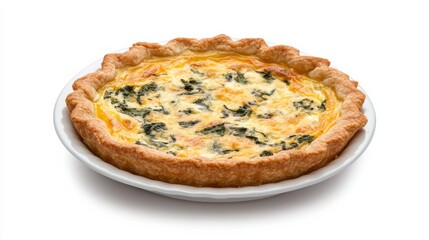 A homemade quiche with spinach, cheese, and flaky crust. Featuring comfort and indulgence