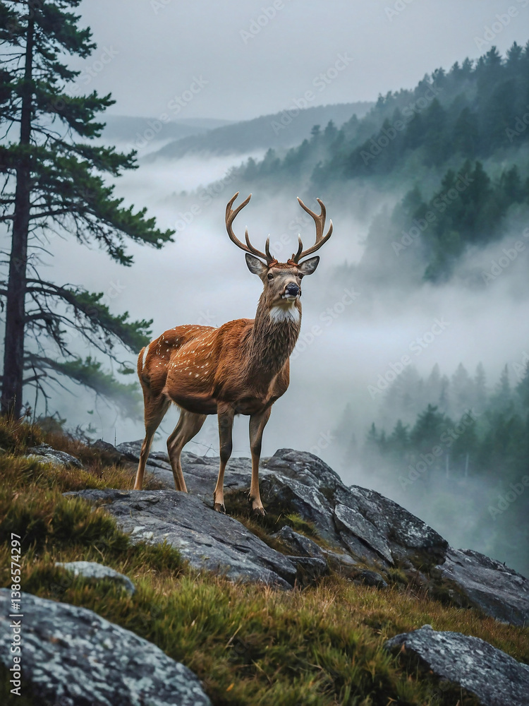 Poster deer standing on a foggy cliff edge, creating a serene atmosphere.