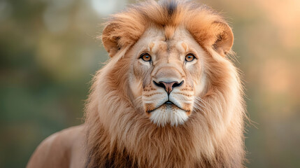 Fototapeta premium Close Up Portrait of a Majestic Male Lion with Golden Mane in Natural Light