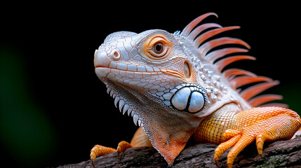 Close-Up Portrait of a Red White and Orange Iguana on a Dark Branch