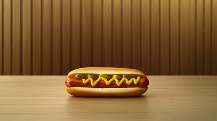 A hot dog with mustard, ketchup, and pickles on a wooden table. Featuring comfort and flavor