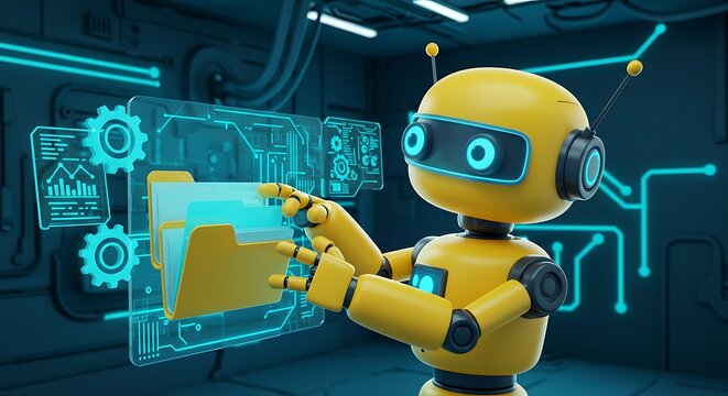 Robot Managing Digital Files and Data Using Futuristic Transparent Interface
