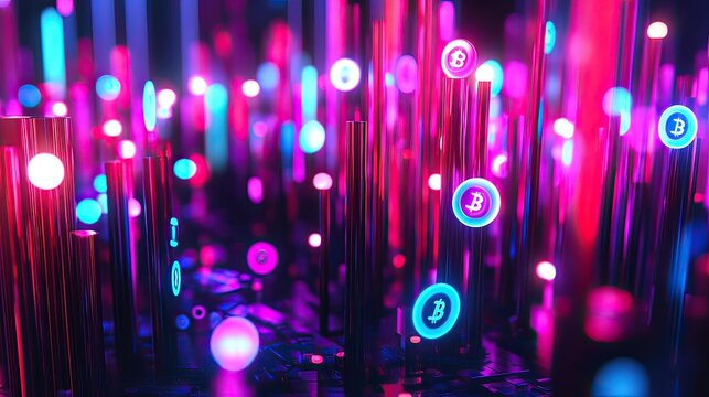 Dynamic bitcoin visuals digital space 3d animation cyber environment abstract viewpoint