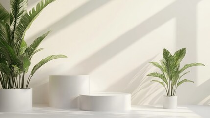 Minimalist podium display with plants, bright sunlight