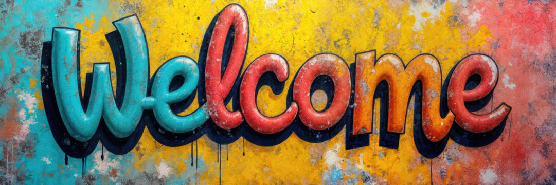 Vibrant "Welcome" graffiti art with colorful splashes, perfect for inviting atmospheres in cafés, storefronts, or community events.