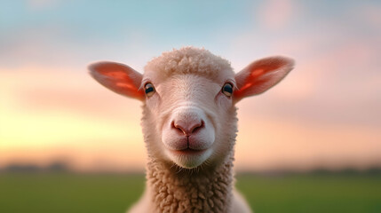 Obraz premium Closeup Portrait of a Fluffy White Sheep in a Meadow at Sunset