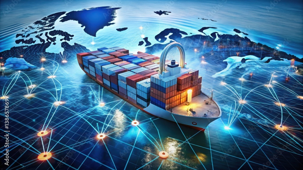 Poster high-tech shipping concept with lock and global connectivity map