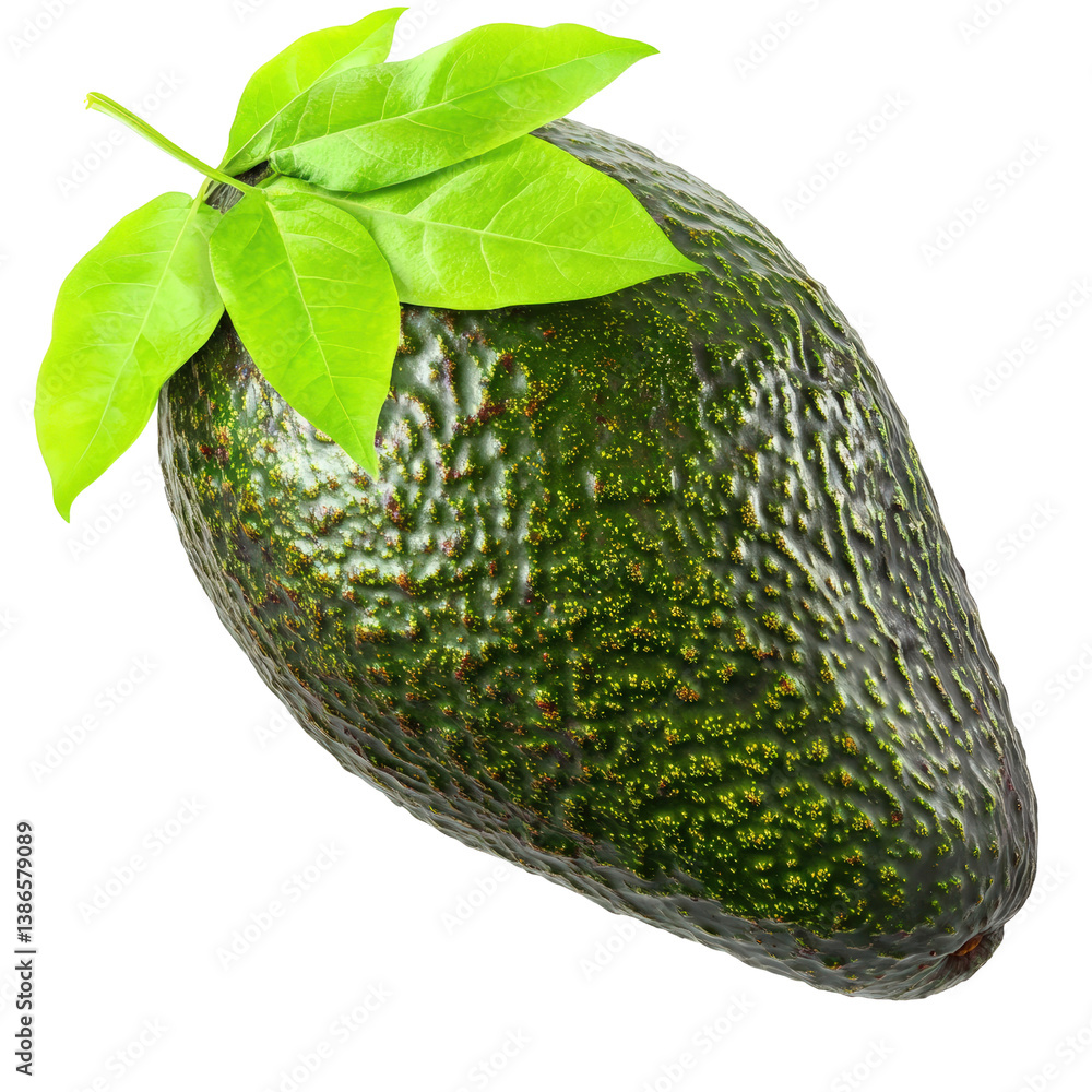 Poster a fresh green avocado with lush leaves displayed beautifully on a surface highlighting its rich colo
