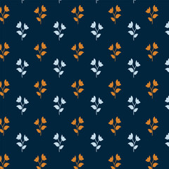 Small colorful flowers pattern doodle shapes motif continuous classic blue background. Modern floral fabric design textile swatch ladies dress, men's shirt all over print block.