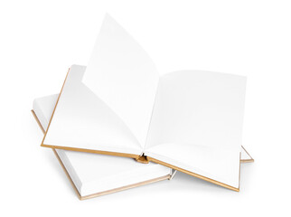 Flying open books on white background