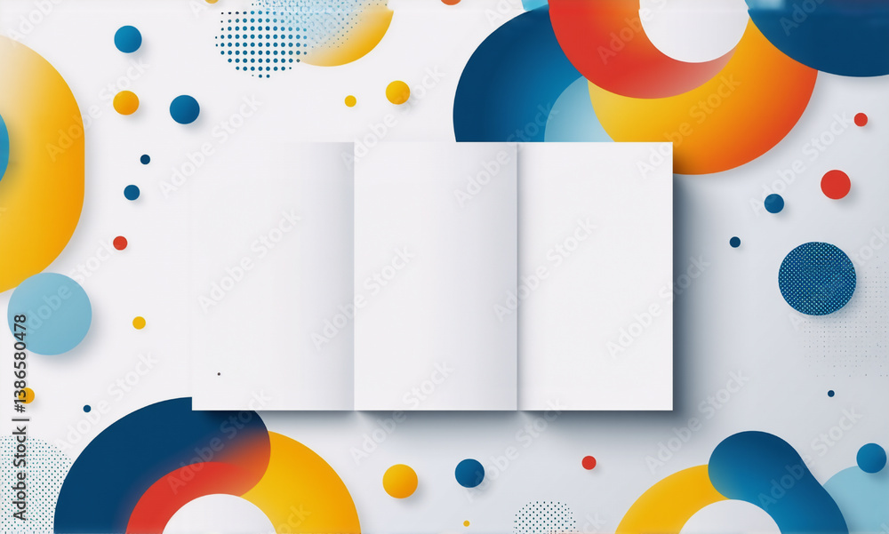 Poster a blank trifold brochure is centered on a white backdrop adorned with vibrant abstract geometric sha