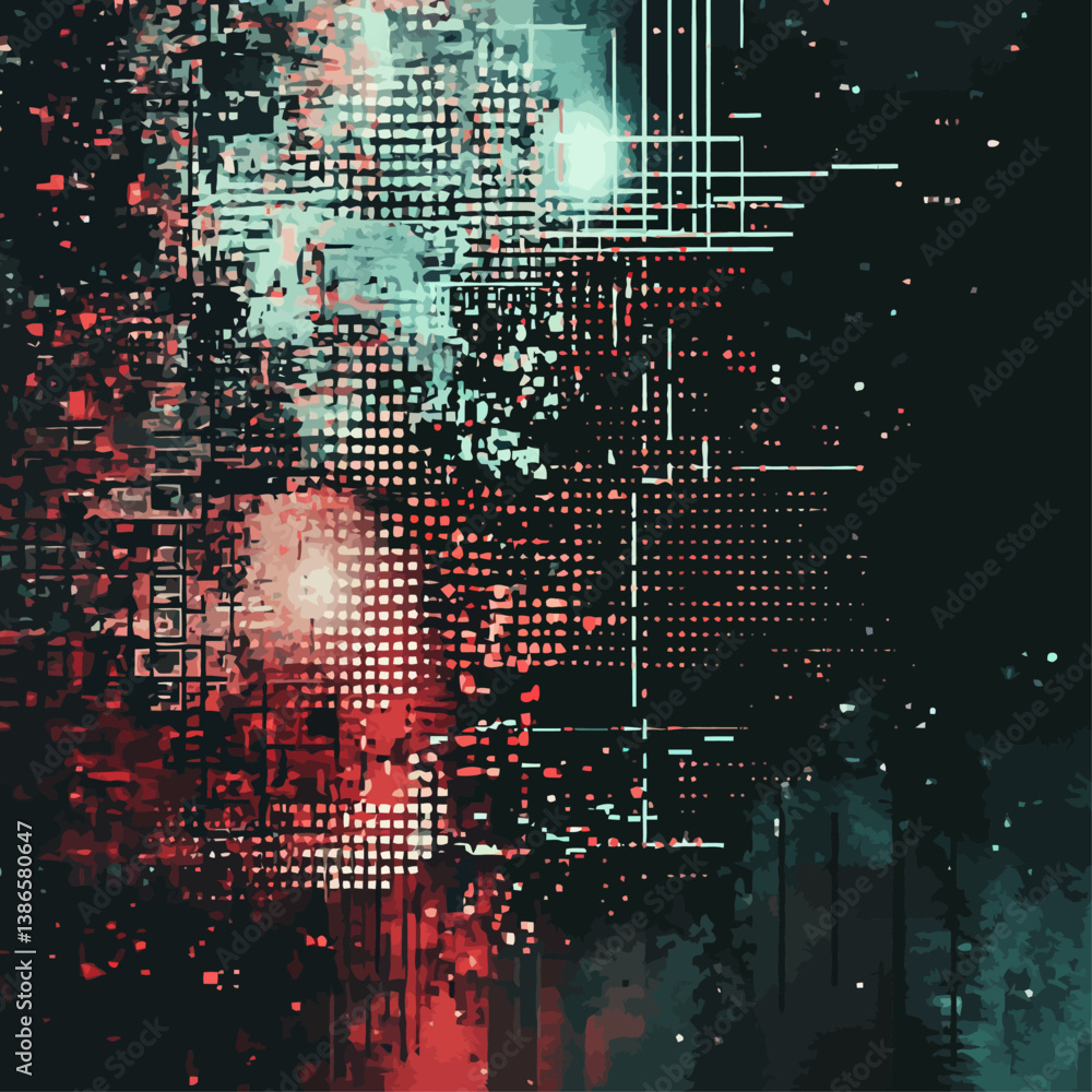 Poster digital abstraction of data flow in red and teal hues