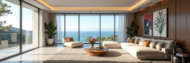 Fototapeta premium Modern living room with stunning ocean views, featuring elegant furniture and vibrant décor. Ideal for interior design, real estate, and luxury lifestyle promotions.