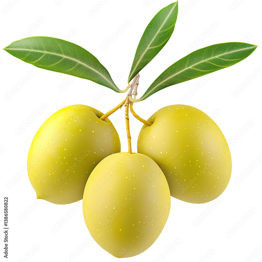 Poster three fresh green olives with delicate leaves resting on a light surface showcasing their natural co