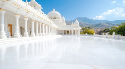 Pristine white temple complex, serene patio