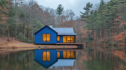 Obraz premium Tranquil blue cabin nestled by a serene lake, surrounded by autumn foliage. Warm interior light reflects on still water