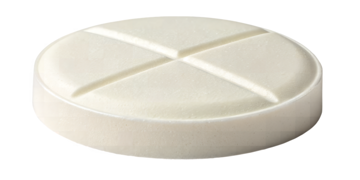 Pill: A close-up shot of a round, white pill with a cross-shaped score, perfect for medical and healthcare illustrations. 