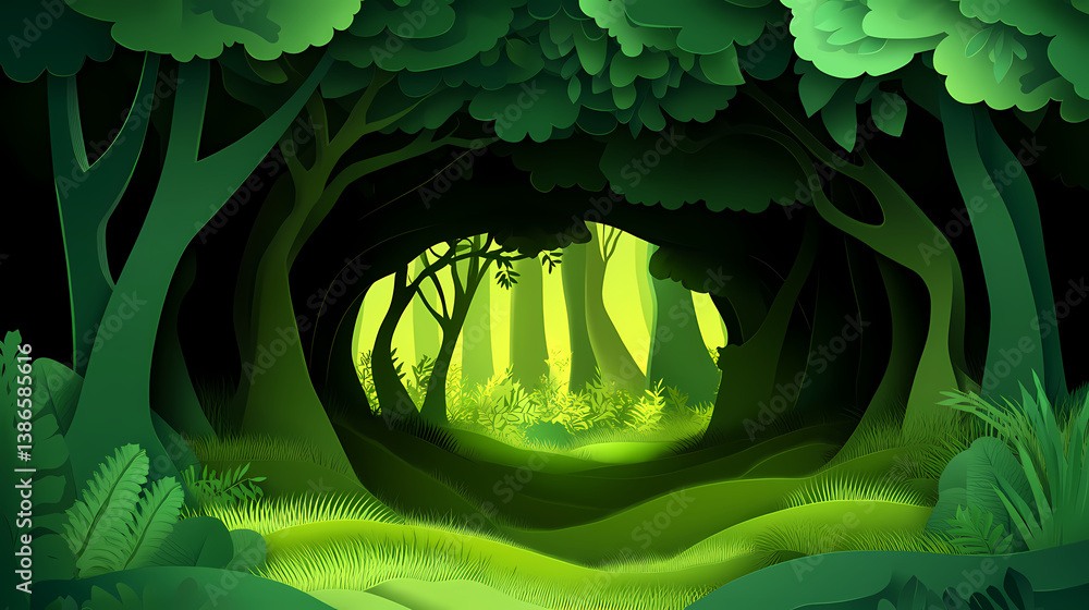 Poster mystical forest path: a dark and enchanting forest scene where lush greenery and the interplay of li