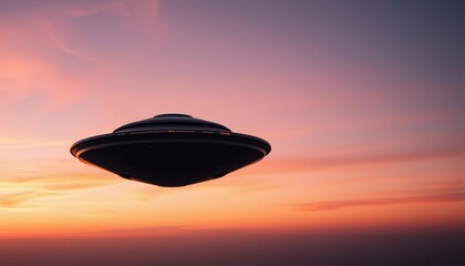 Metallic disc-shaped craft hovering silently against a twilight sky, grey, light