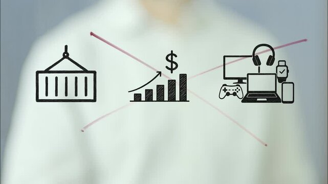 Businessman using a transparent whiteboard crosses out rising import tariffs and taxes on consumer electronics, symbolizing a potential increase in costs for consumers