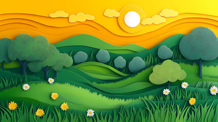Naklejka premium Papercraft Hillscape: A whimsical papercraft landscape unfolds with layered hills, vibrant green foliage, and a setting sun casting a warm, golden glow.