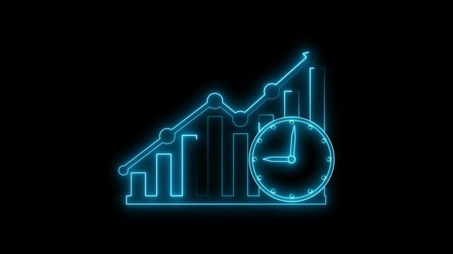 Business graph improvements with live time, represented by a business graph and a moving clock. Cyan color neon business graph with clock