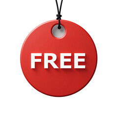 Red Round "Free" Tag, White Text, Transparent Background.