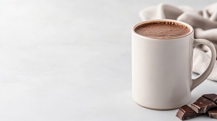A white ceramic mug filled with hot chocolate on a light background, with pieces of dark chocolate beside it, and cozy and comforting drink concept.