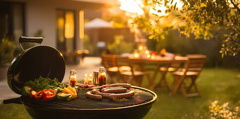 Summer BBQ Gatherings: A sun-drenched backyard BBQ, capturing the essence of summer fun and communal feasting, with a grill, appetizing food, and outdoor dining setup in the background.