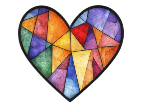 Stained glass heart with colorful geometric sections and black outline on white background