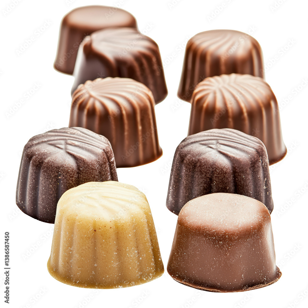 Poster an assortment of varieties of chocolates artfully arranged on a wooden surface for a tempting indulg