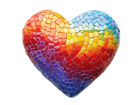 Mosaic heart made from tiny colored tiles in gradient pattern on white background