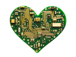 Circuit board heart with electronic pathways and components in green and gold on white background