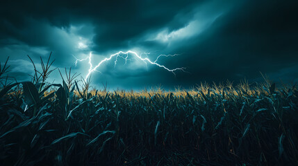 Lightning Strikes the Cornfield: An ominous and awe-inspiring scene unfolds as a jagged lightning bolt streaks across a stormy sky.