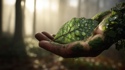 A close-up macro shot of a hand overgrown with green moss and ivy, gently cradling a translucent leaf with dew droplets