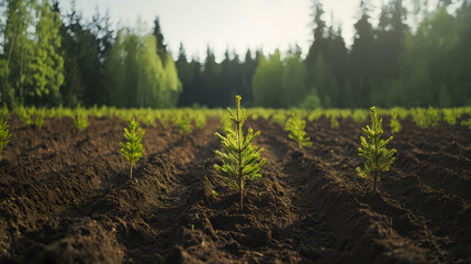 Young Pine Saplings in Forest Plantation: Rows of young pine saplings emerge from dark soil,  a promise of future forest growth, bathed in the soft light of morning sun.