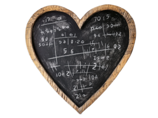 Chalkboard style heart with mathematical equations written inside on white background
