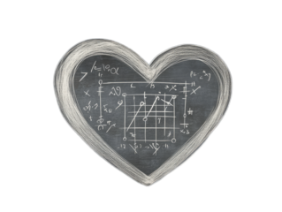 Chalkboard style heart with mathematical equations written inside on white background
