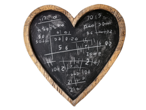 Chalkboard style heart with mathematical equations written inside on white background