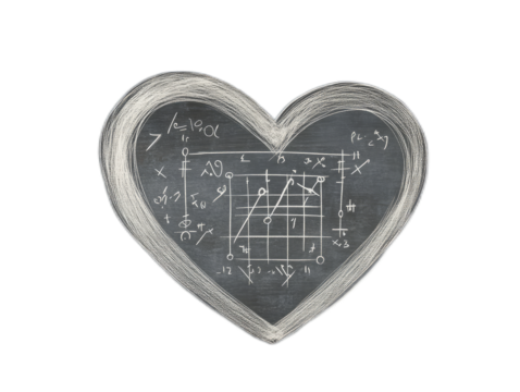 Chalkboard style heart with mathematical equations written inside on white background
