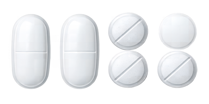Pharmaceutical Tablets: A meticulously detailed close-up of white pharmaceutical tablets, showcasing their shapes and forms. Each pill represents health, medication and medical concepts.