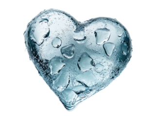 Melting ice heart with water droplets and transparent glossy surface on white background