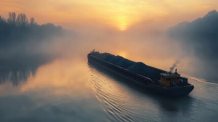Naklejka premium Misty Sunrise Over Still Lake